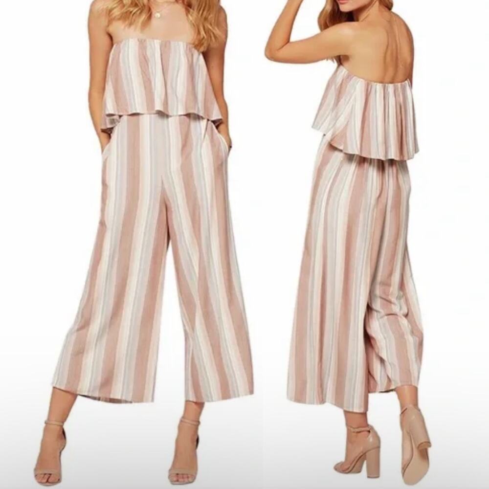 L*Space Strapless Jumpsuit Cover Up Wide Leg Cropped Neutral Stripe Womens S